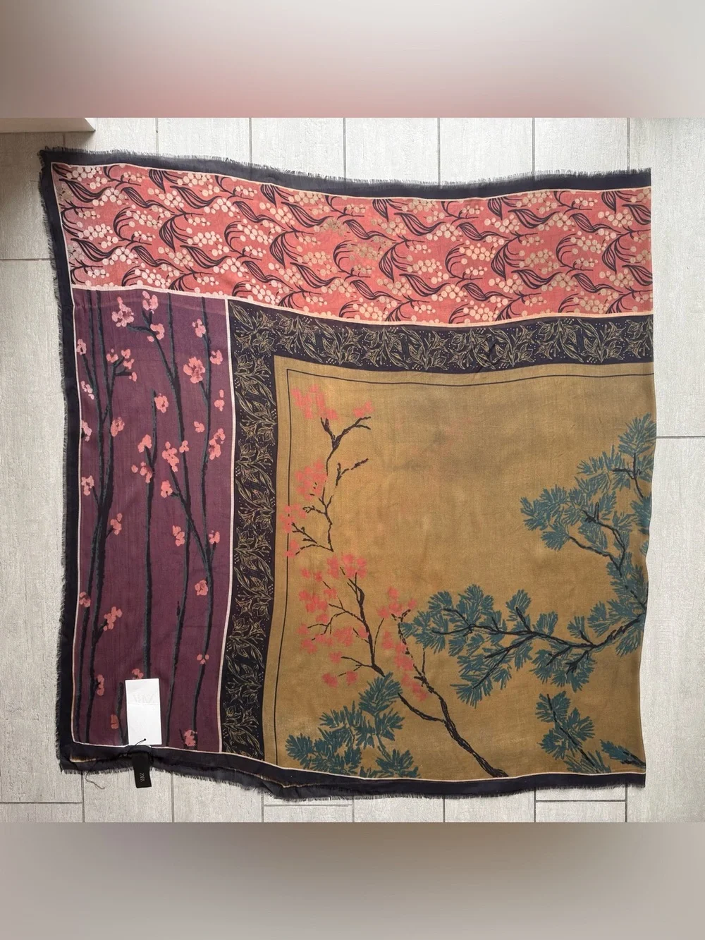NWT ZARA | Botanical Floral Print Scarf Cotton Multicolored Frayed Edges